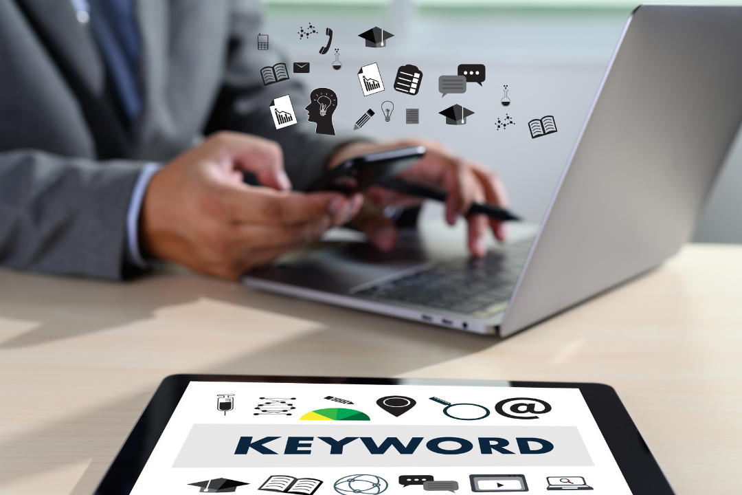 An illustration of keyword research for SEO copywriting: a person analyzing keyword data on a computer screen, surrounded by digital tools, magnifying glasses, and light bulbs to represent ideas, in a colorful, modern workspace.